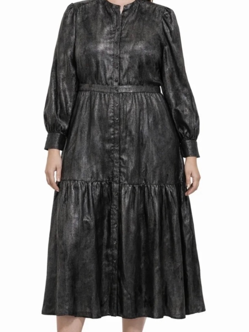 Black Shimmery Metallic Button-Front Midi Dress